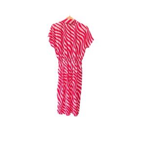 Vintage Red White Abstract Print Button Up Short Sleeve Midi Dress Elastic Waist